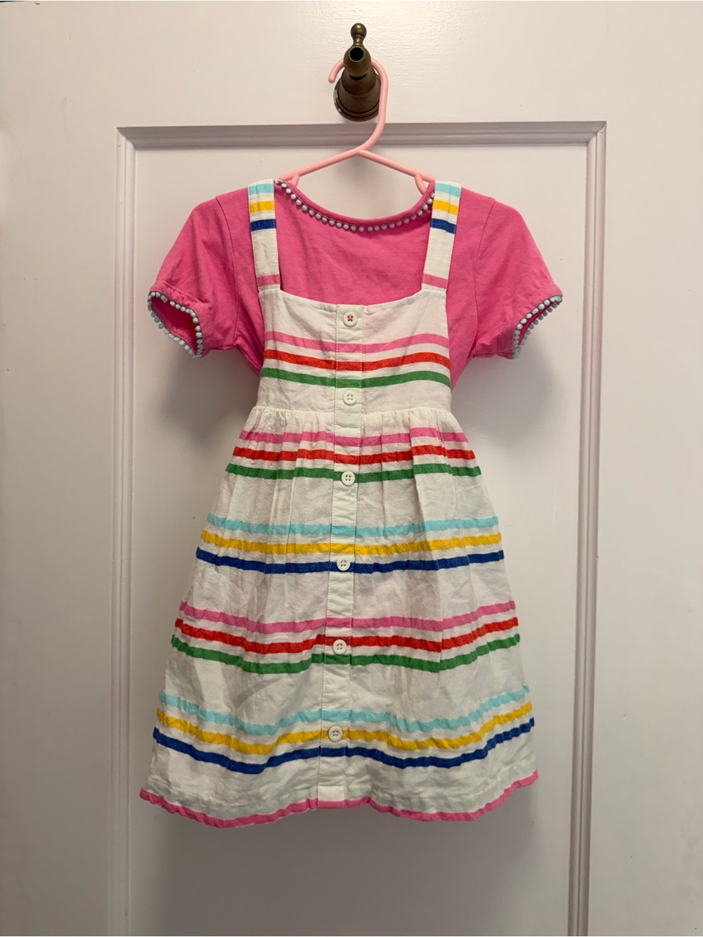 Baby Boden Girls Pink Tee with White Rainbow-Striped Pinafore Dress
